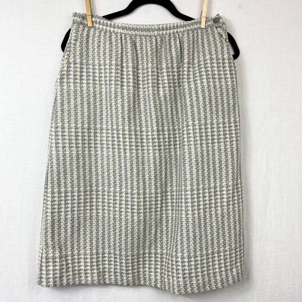 70s Tan Flay Wool Blend Houndstooth High‎ Waist Midi Skirt Womens M Professional